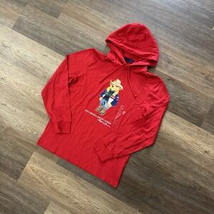 Polo Ralph Lauren Polo Cowboy Bear Hooded Long Sleeve T Shirt Small Flaw Tag Red